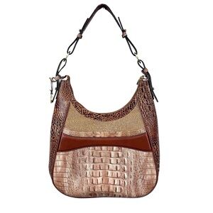 Brahmin Tan Taupe Cognac Embossed Croc Leather Renee Hobo Shoulder Bag Purse